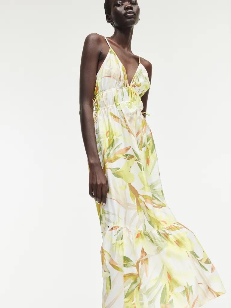 H&M Tropical Floral V-Neck Maxi Dress Or Coverup In Yellow And Green